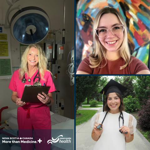 A collage of three young woman. Photo on the left is a woman with pink scrubs holding a clipboard with a stethoscope on her neck. She has blond hair. Woman on the top right has blond hair and is wearing clear framed glasses, with a brown shirt. Woman on the bottom right has brown short hair, wearing a graduate cap, a white blouse and a stethoscope around her neck.